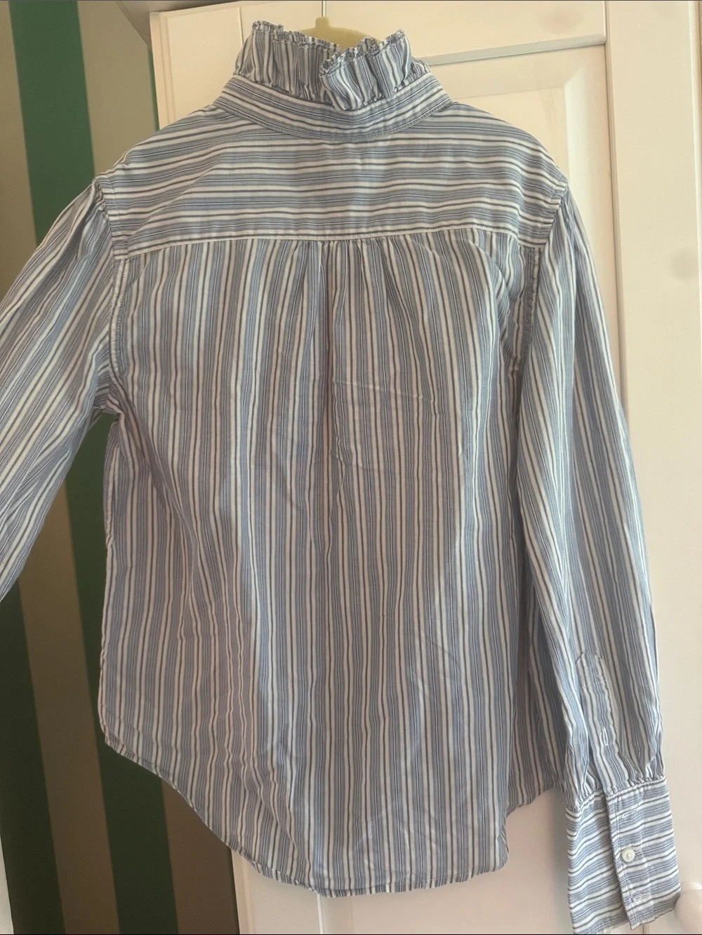 Ralph Lauren Light Blue & White Striped Ruffle Collar Button-Down Shirt